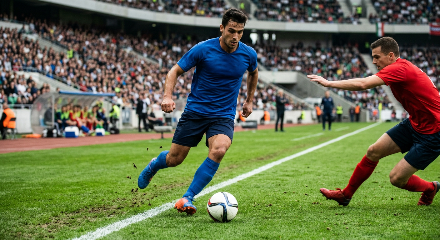 Winger dribbling past a defender near the sideline