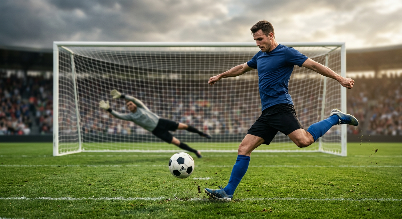 Forward striking the ball toward the goal in a scoring attempt