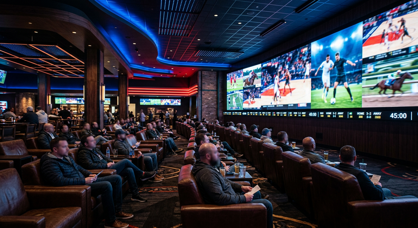 Interior of a modern casino sportsbook lounge with large screens showing live sports