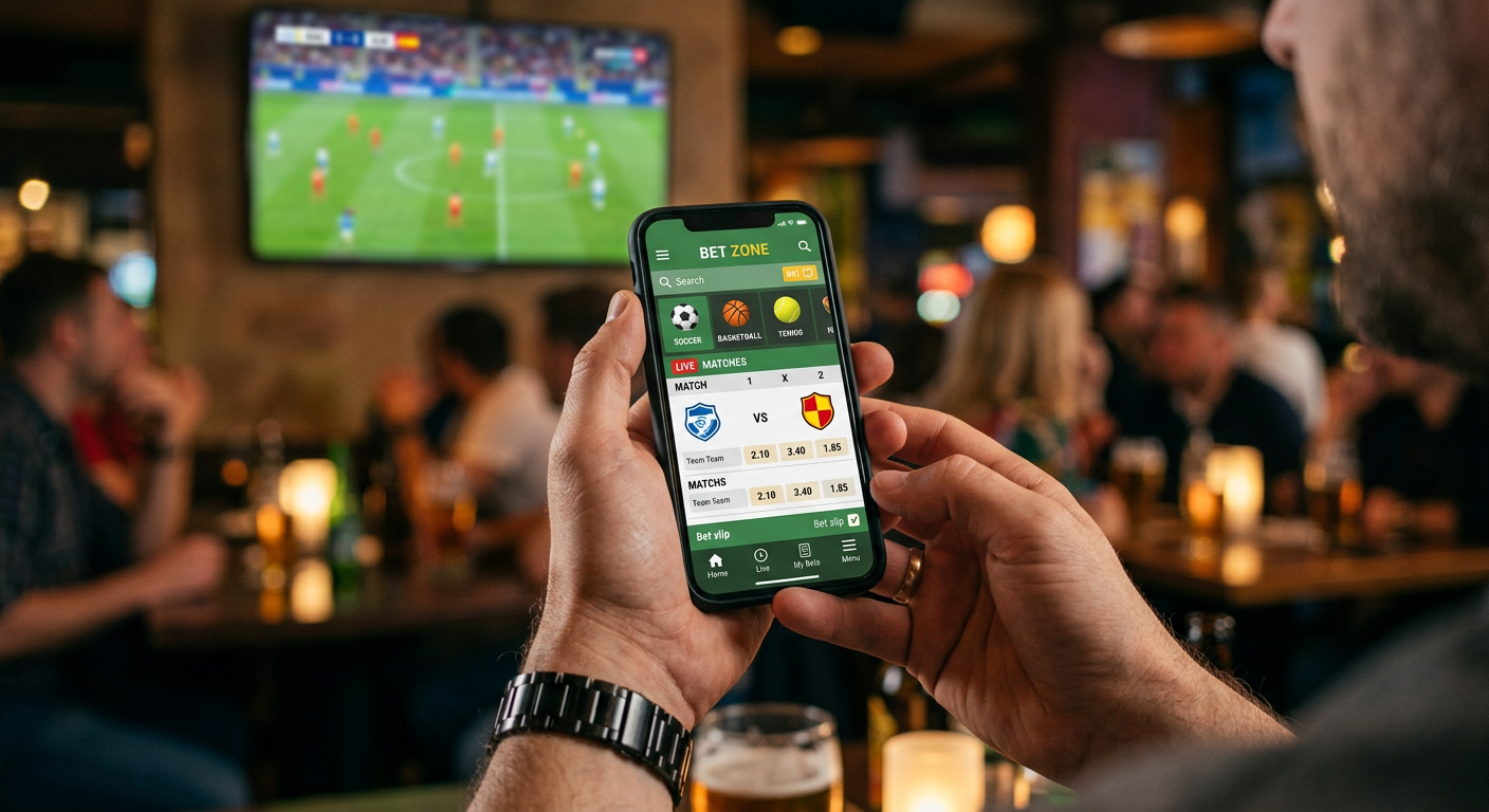 Close-up of hands holding a mobile phone with a betting app interface at a sports bar
