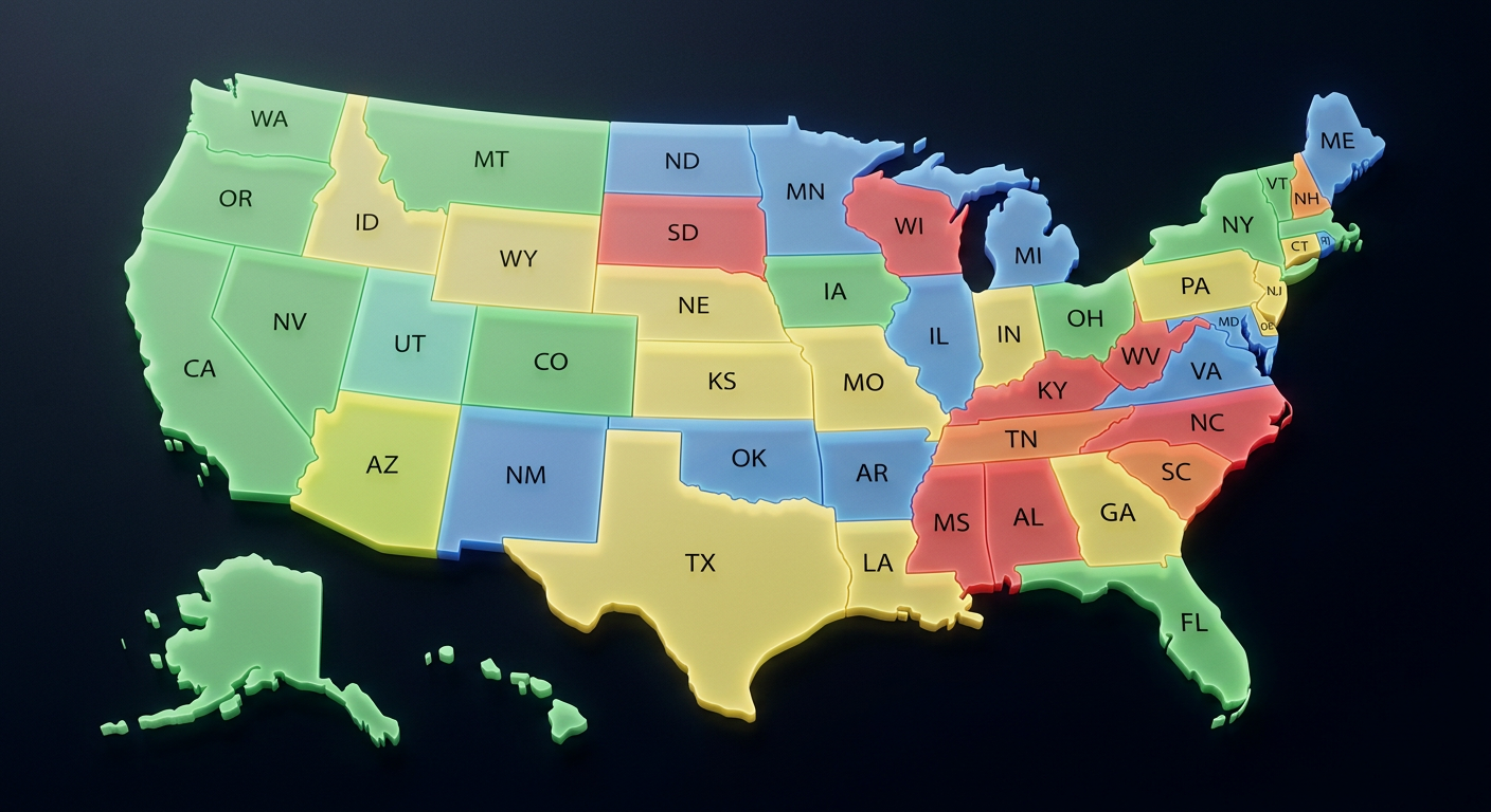 Map-style illustration of the United States with glowing state borders representing different gambling regulations